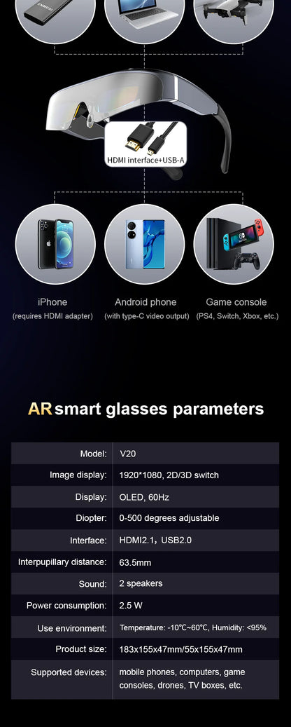 ENMESI V20 3D AR Smart Glasses 4K 200 Inch Max Screen VR All-in-One With Dual FHD Micro-OLED&0-500 Myopic Ddjustment for Phones