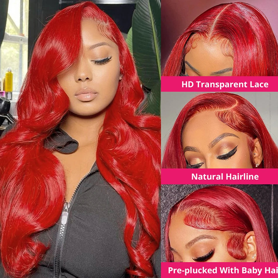 Hot Red 13X4 13X6 Hd Lace Frontal Human Hair Wigs Colored Body Wave Lace Front Wig For Women 99J Cherry Red Lace Front Wigs Remy
