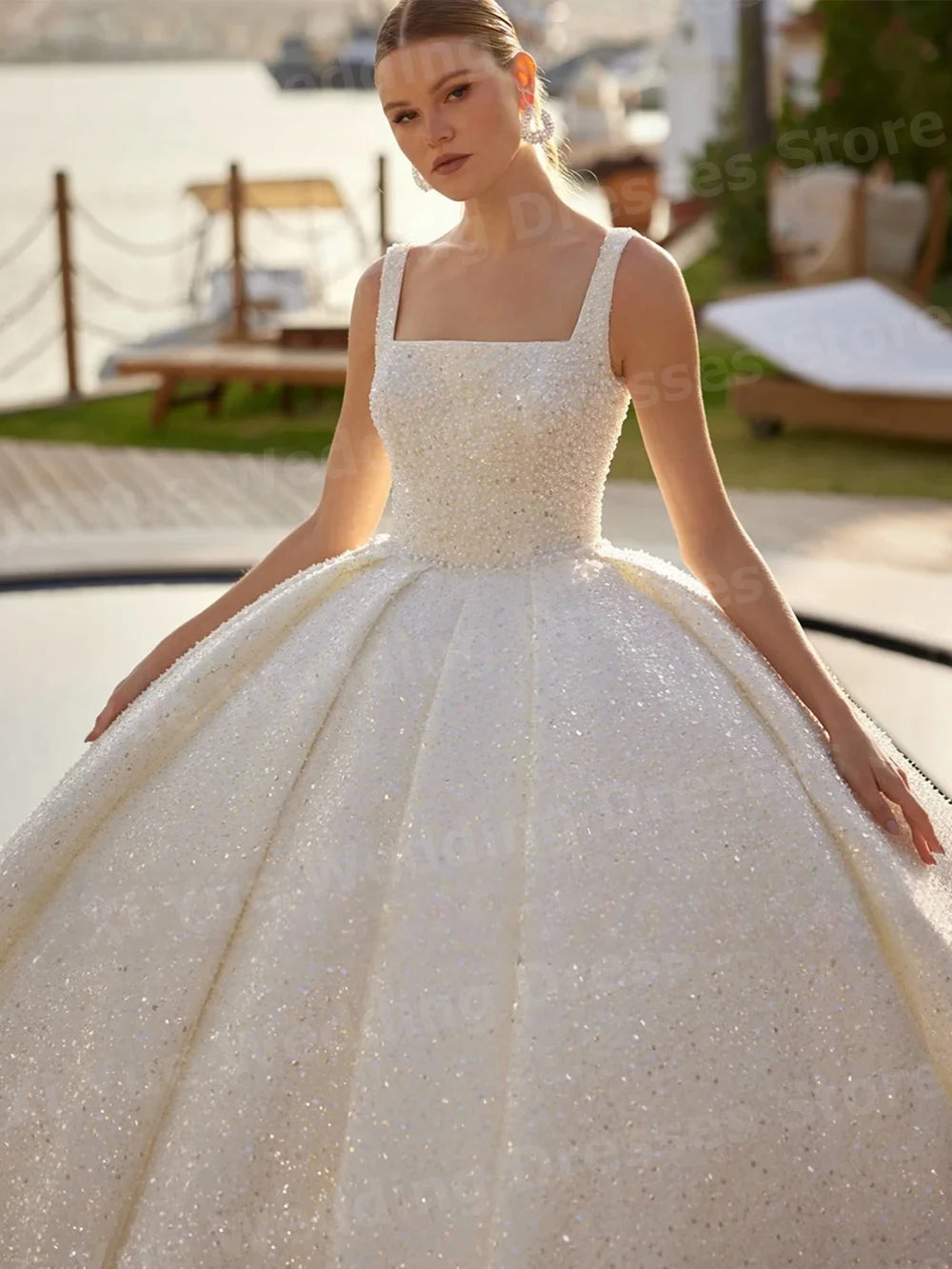 Luxurious Sparkling A Line Women's Wedding Dresses Shiny Princess Bride Gowns Backless Customized Sleeveless Vestidos Para Mujer