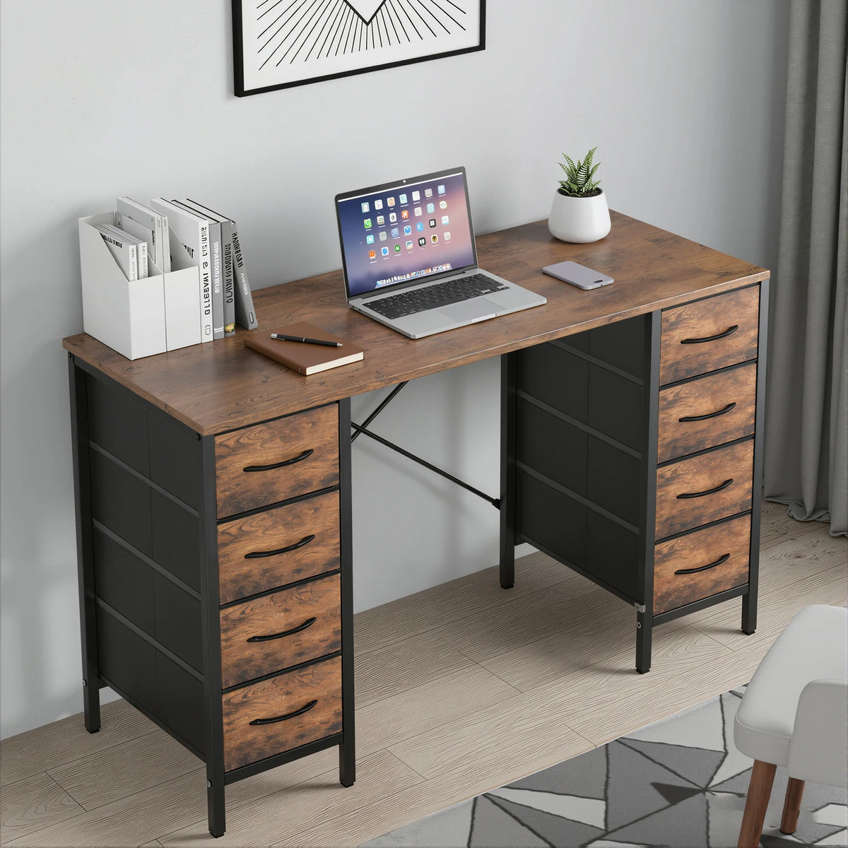MCQ 47 Inch Standing Office Computer Desk with 8 Fabric Drawers Ergonomic X-Shaped Reinforced Structure Writing Study Work Table Gaming Table for Home Office Use Workstation ﻿