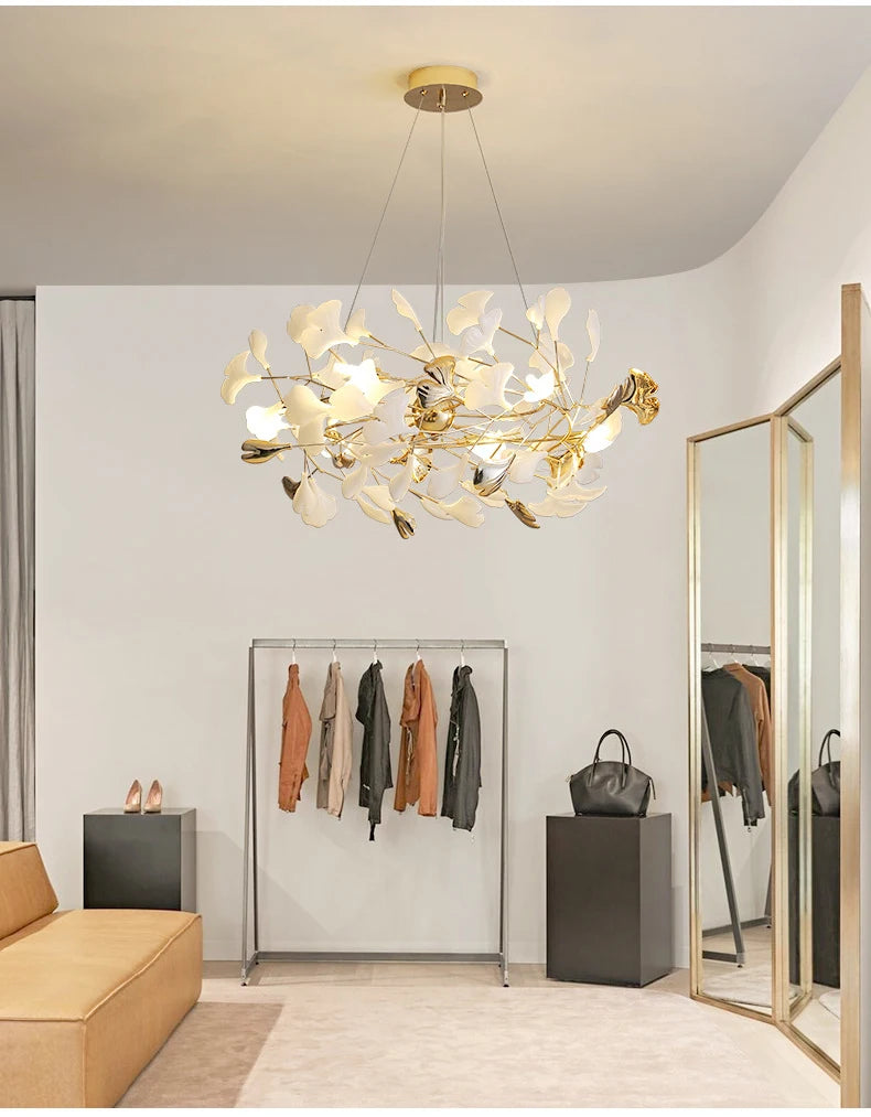 Modern Ceramics Chandeliers Home Ginkgo Biloba Decoration Villa Living Room Lighting Pendant Lamps Indoor Hanging Lights Fixture