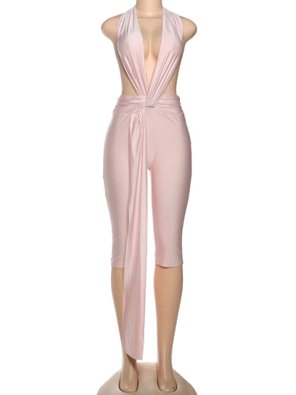 Weird Puss Patchwork Halter Romper Women Ribbon Sleeveless Elastic Backless Workout Activewear Midnight Activity Slim Playsuits