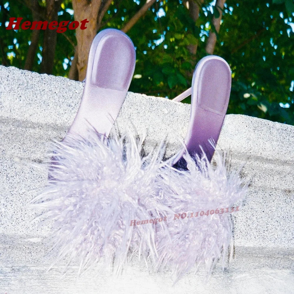 Purple Fluffy Fur Stiletto Heels Slippers Open Toe Satin Slip On Women Mules Summer Solid Patchwork Cute Casual Shoes Luxury