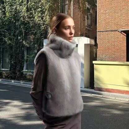 Trendy Outerwear Eco Mink Fur Turtleneck Tank Tops Fluffy High Collar Crop Top Thicken Layering Piece Sable Vest Women's Apparel