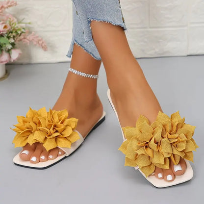 Women Flat Slippers 2026 Summer New Solid Color Sandals Flowers Open Toes Slippers Casual Fashionable Beach Shoes Slides Women