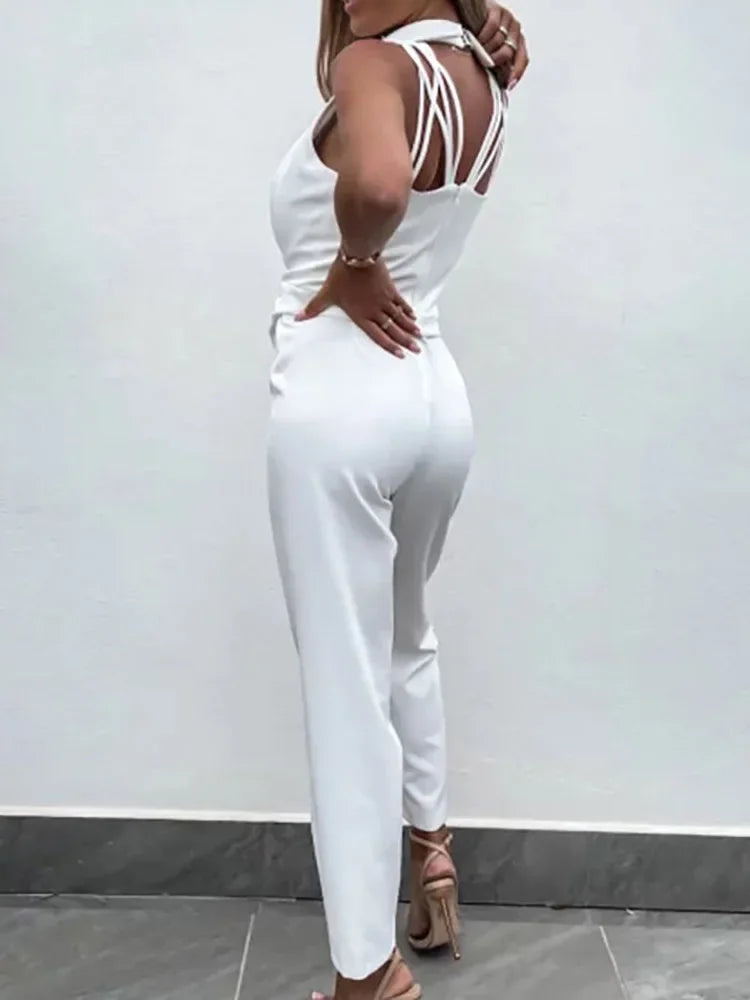 Women Summer Jumpsuit Backless V Neck Solid Zipper Off Shoulder Sleeveless Overalls With Pockets Casual Slim Long Rompers Female