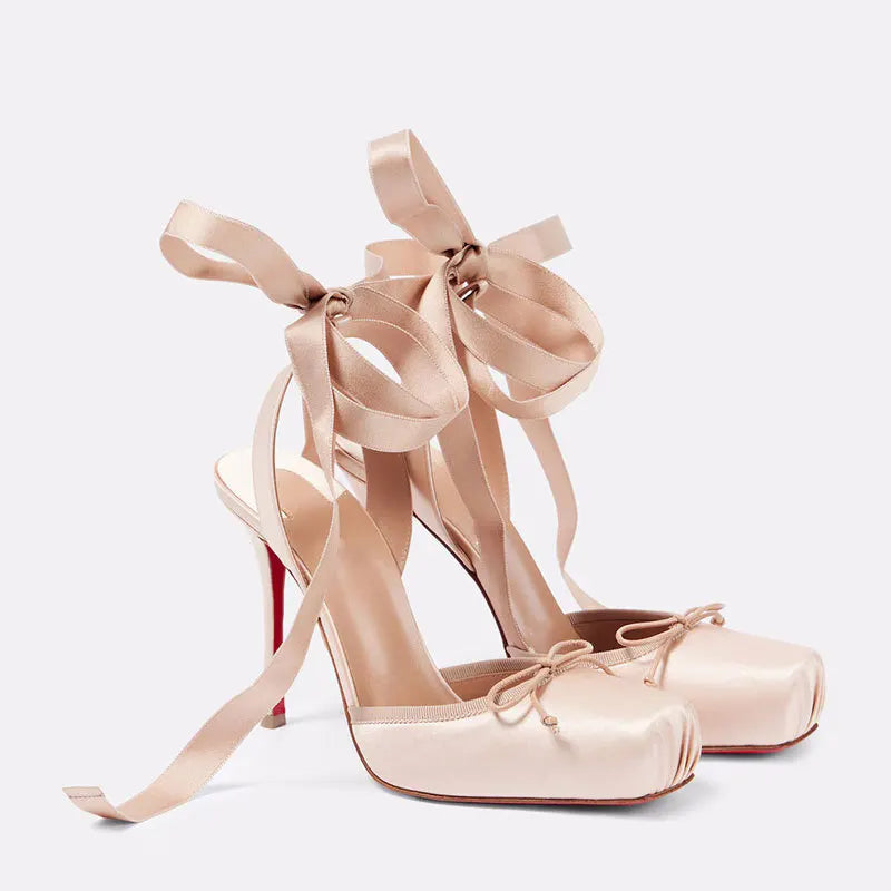 New 2026 Summer Women's Nude Satin Lace-Up Bow Heel Closed Square Toe Sandals Ballet Shoes Luxury Dress Slingback Ladies Pumps