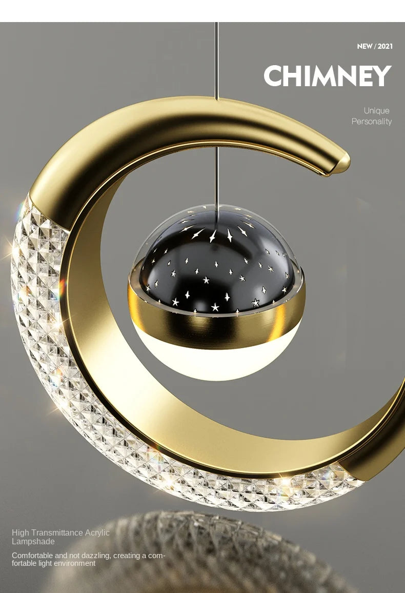 Creative led Ceiling Light with Moon Stars Modern Asile Ceiling Lights Gold/Black Atmosphere Ceiling Hanging Lamp Loft Lighting