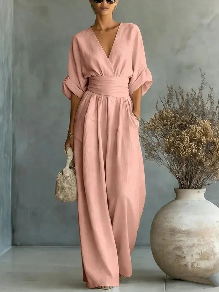 Women Elegant Linen V Neck Short Sleeve Jumpsuit Waist Cinched Wide Leg Long Pants Rompers with Pockets Casual Ladies Overalls