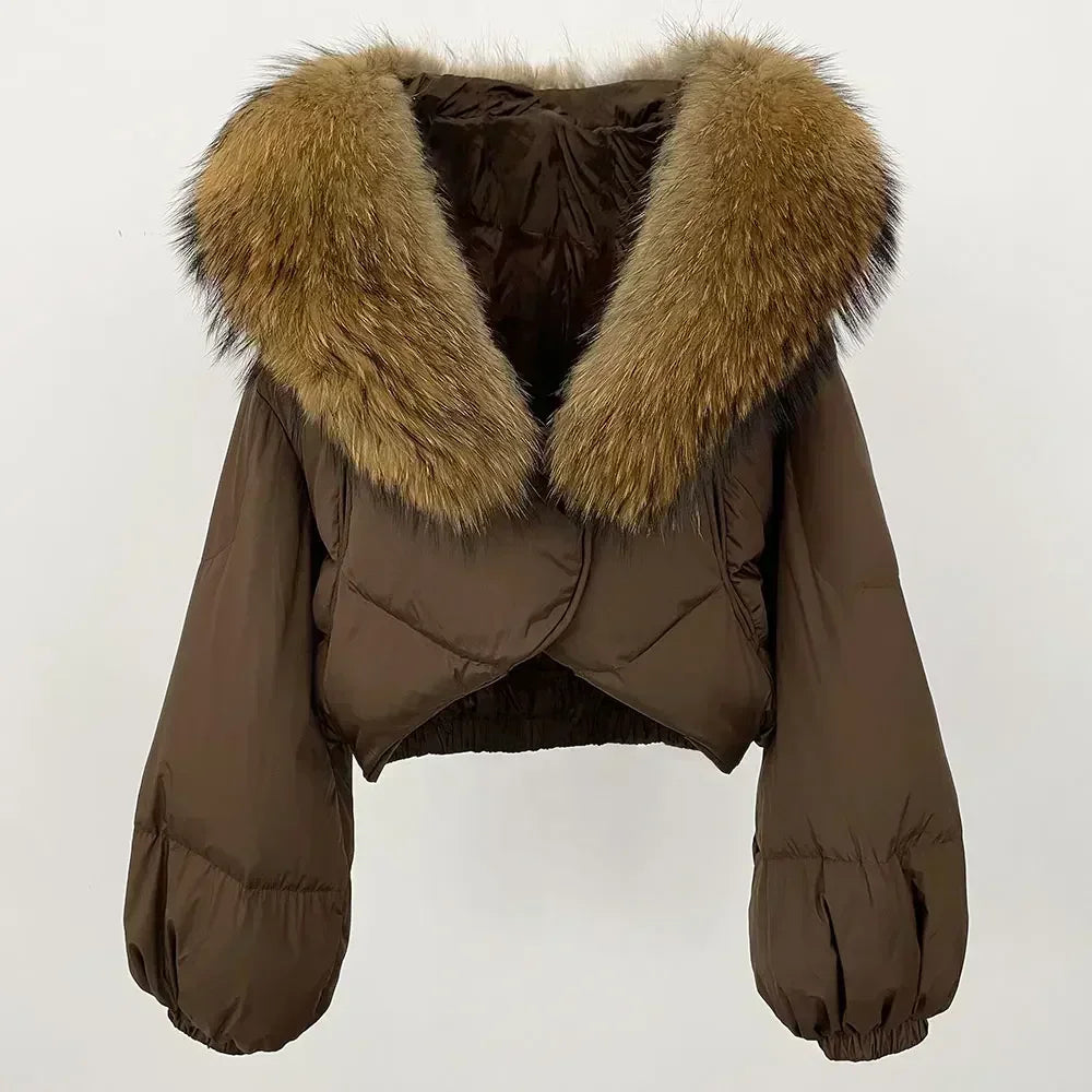 Winter Female White Duck Down Jacket Luxury Loose Short Fashion Casual Women Warm Real Fox Fur Coat Long Sleeve Puffer Jacket
