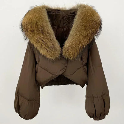 Winter Female White Duck Down Jacket Luxury Loose Short Fashion Casual Women Warm Real Fox Fur Coat Long Sleeve Puffer Jacket