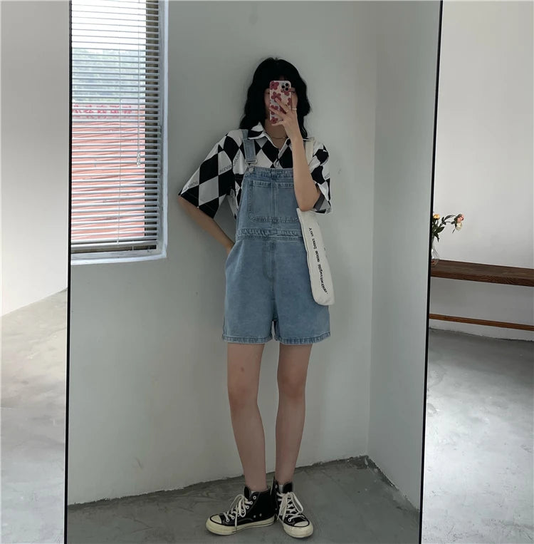 Women's Denim Overalls Short Trousers Wide Leg Loose Fit Thin Jumpsuit Korean Style for Petite Ladies Casual Clothing