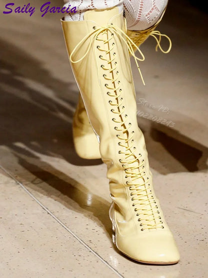 Emerald Green Patent Glitter Knee High Boots Retro Round Toe Lace Up Square Heel Modern Boots 2026 Runway Fashion Women Shoes