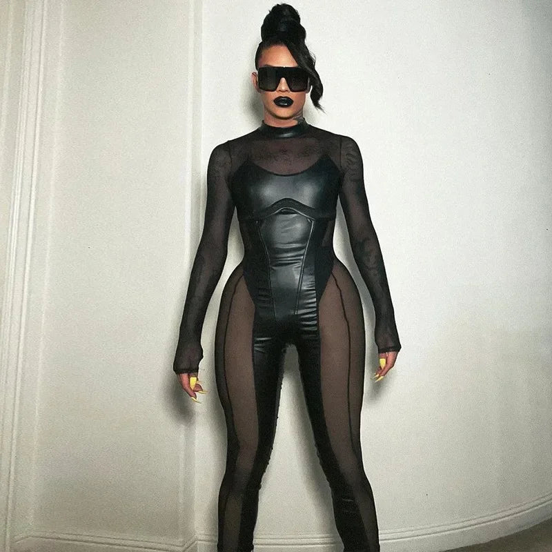 Black Mesh Sheer Bodycon Jumpsuit for Women 2024 Sexy Clubbing Outfits Gothic Punk Black One Piece Techwear C70-EC27