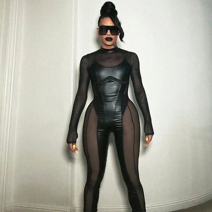 Black Mesh Sheer Bodycon Jumpsuit for Women 2024 Sexy Clubbing Outfits Gothic Punk Black One Piece Techwear C70-EC27