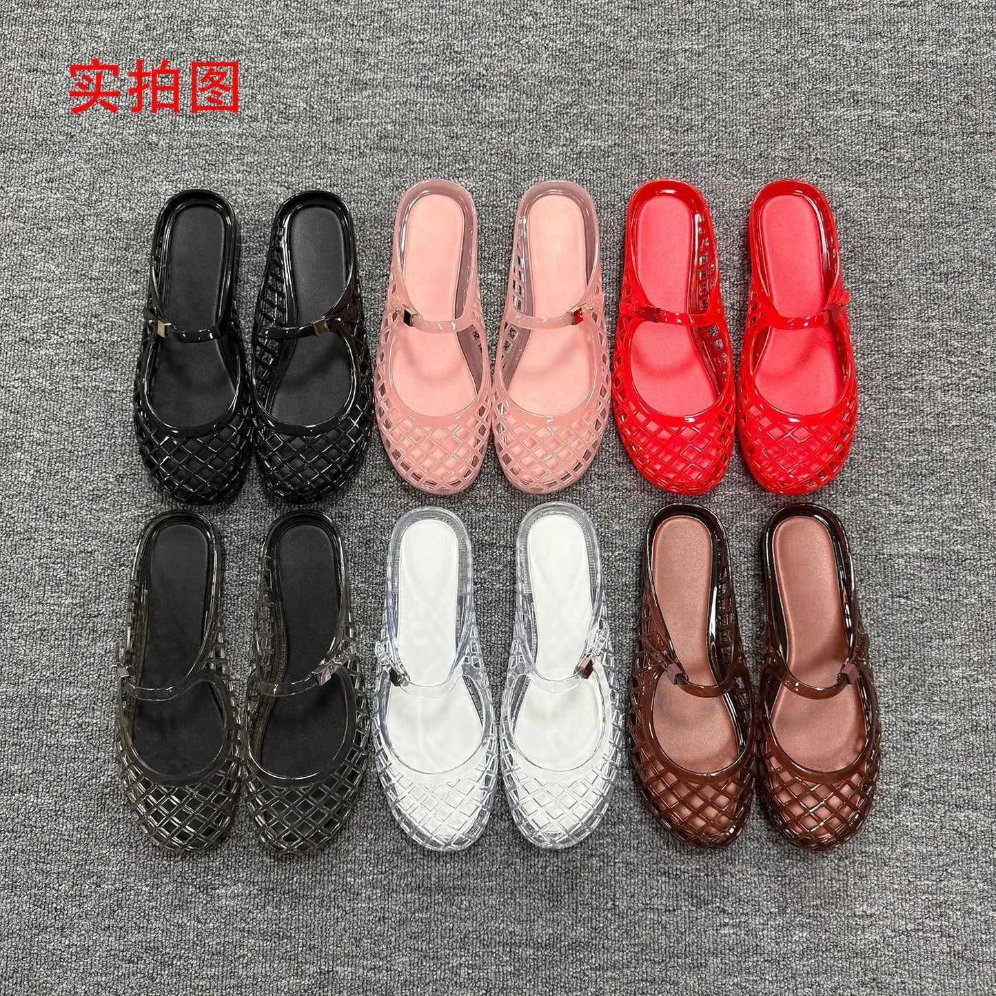 Women's Light Luxury Crystal Jelly Mary Jane Flat Sandals Hollow-out Breathable Closed Toe Summer Casual Non-slip Slip-on Shoes