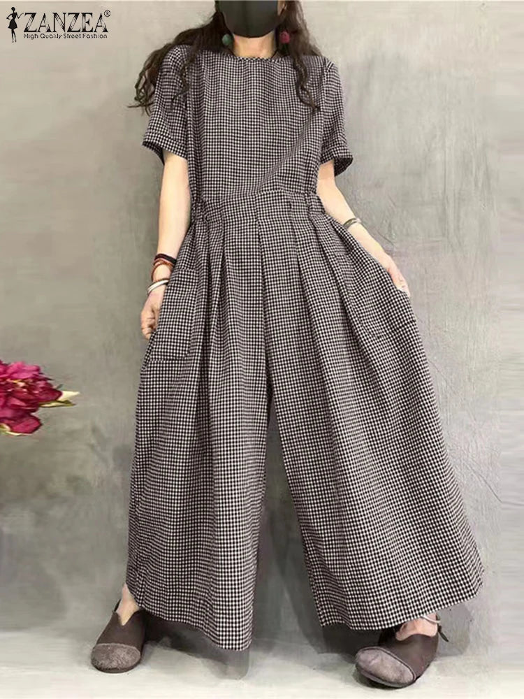 ZANZEA Short Sleeve Checked Wide Leg Overalls Pleated Waist O Neck Loose Casual Gingham Jumpsuits 2024 Fashion Women Long Romper