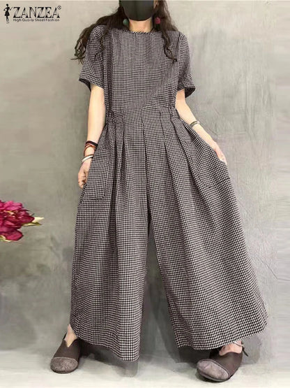 ZANZEA Short Sleeve Checked Wide Leg Overalls Pleated Waist O Neck Loose Casual Gingham Jumpsuits 2024 Fashion Women Long Romper