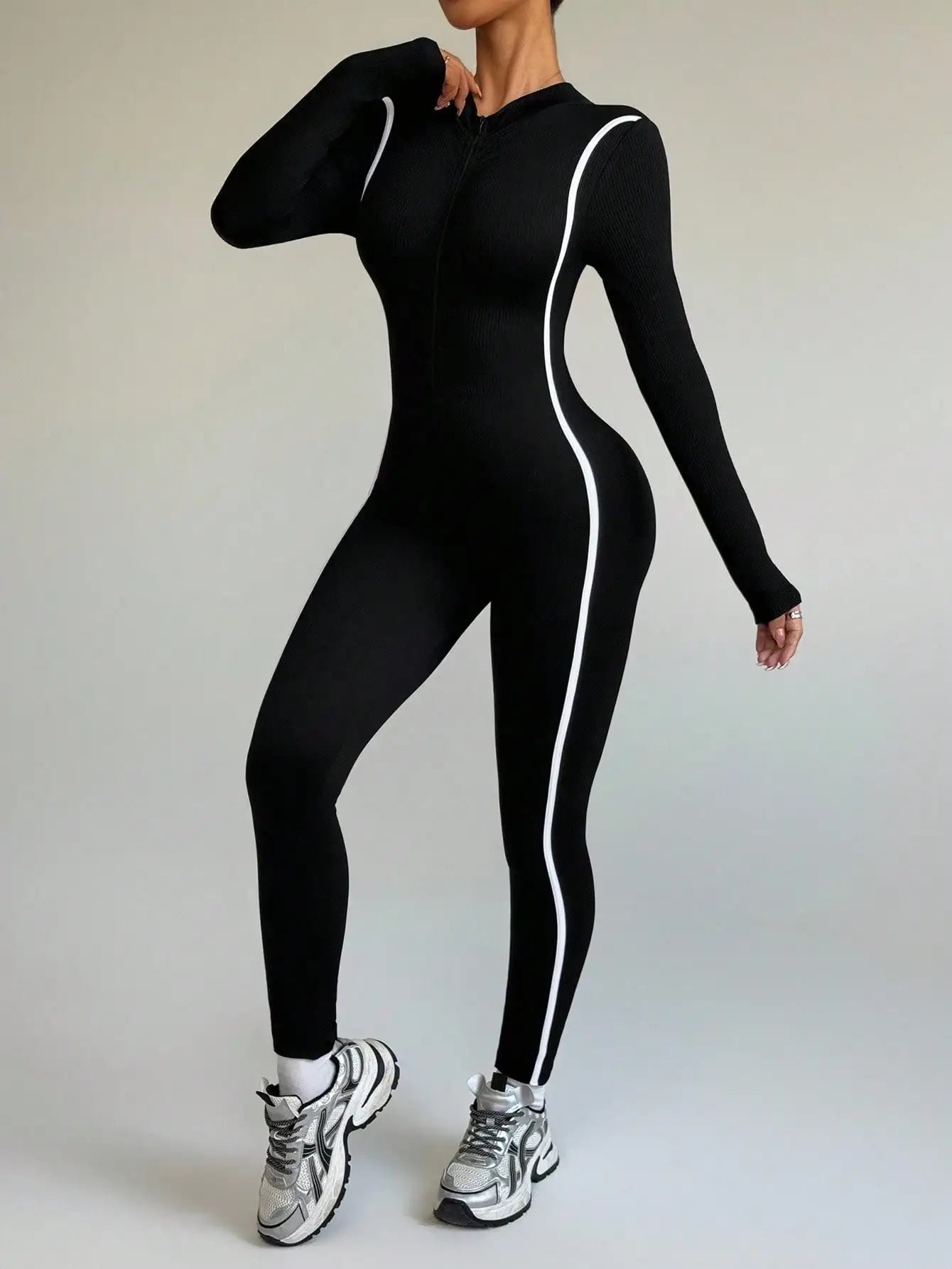 Striped Color-Blocking Stand-Up Collar Yoga Bodysuit Outdoor Quick-Dry One-Piece Sportswear Compression Fitness Wear