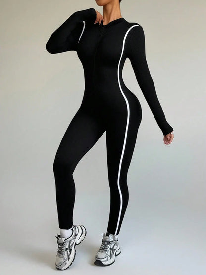 Striped Color-Blocking Stand-Up Collar Yoga Bodysuit Outdoor Quick-Dry One-Piece Sportswear Compression Fitness Wear