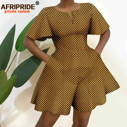 2026 African Clothes for Women Short Sleeve High Waist Print Jumpsuit Casual Cotton Summer Outfits Rompers Playsuits A2329001