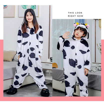 Adults Cow Cartoon Pajamas Animal Onesies Cosplay Costumes Jumpsuit Hooded Sleepwear Halloween One Piece for Performing