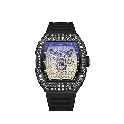 Tonneau Hollow Diamond Leopard Dial Quartz Watch Men Luxury Luminous Fashion Waterproof Rubber Sport Watches Men Steel Men Clock