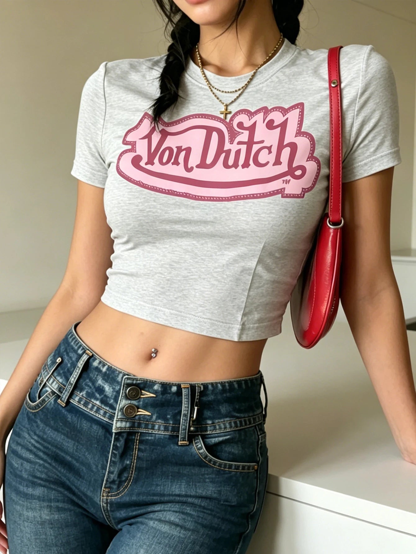 Women's Retro Letter Pattern Printed Round-neck Short Sleeve Top - Casual Sports Short-Sleeved Stripped T-Shirt