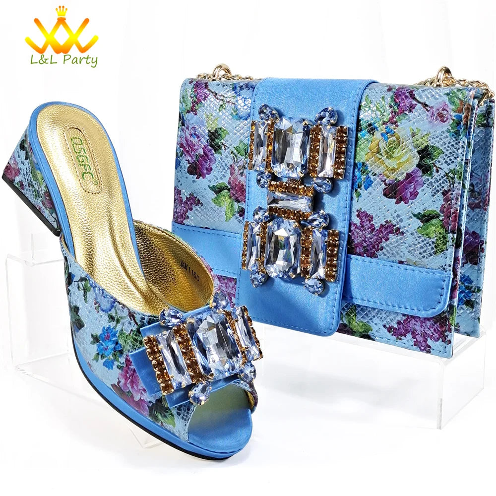 Italian New Arrivals Shoes and Bag Set in Green Color High Quality Specials Design Slipper with Crystal for Wedding Dress