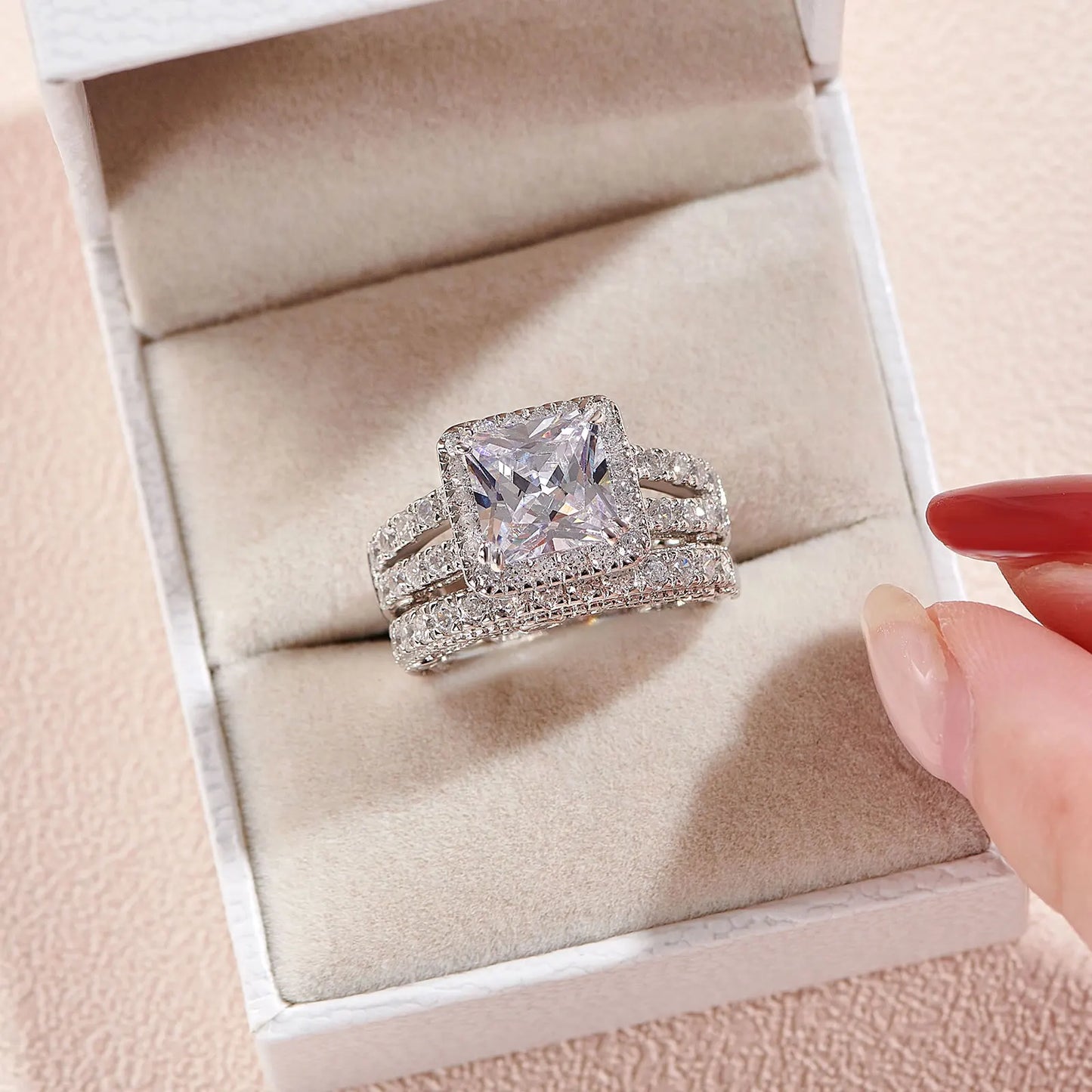 Newshe 2Pcs Solid 925 Sterling Silver Wedding Rings for Women Bridal Set 8*8mm 3CT Princess Cut 5A Cubic Zircon Fine Jewelry