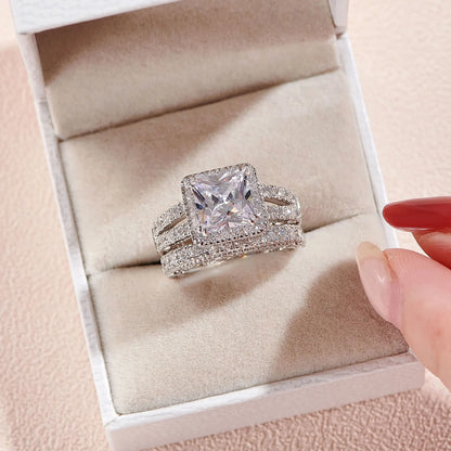 Newshe 2Pcs Solid 925 Sterling Silver Wedding Rings for Women Bridal Set 8*8mm 3CT Princess Cut 5A Cubic Zircon Fine Jewelry