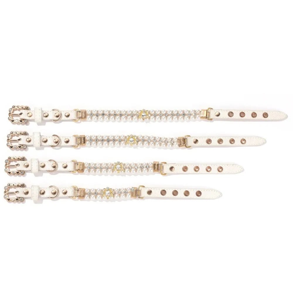 Adjustable Dog Cat Pearl Collars Rhinestone Bling Crystal Cat Necklace Luxury Jewelry PU Neck Strap for Small Dogs for Kitten