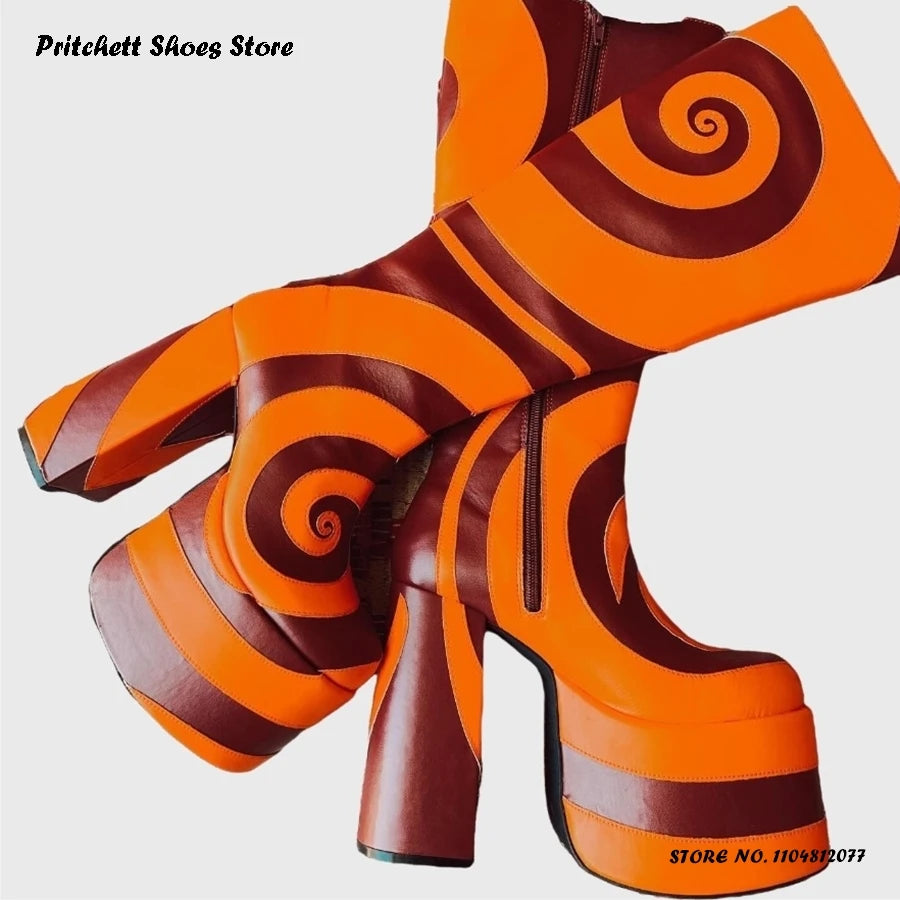 Patchwork Geometric Platform Knee Boots 2025 Spring Autumn Women's Height Increasing Shoes Round Toe Chunky Heel Western Boots