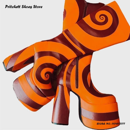 Patchwork Geometric Platform Knee Boots 2025 Spring Autumn Women's Height Increasing Shoes Round Toe Chunky Heel Western Boots