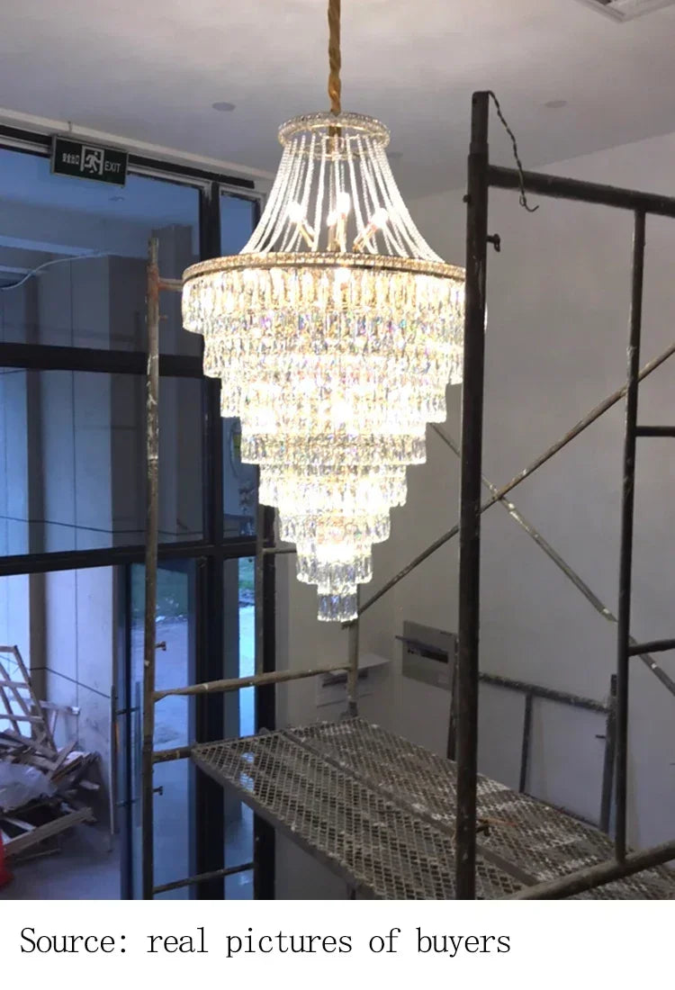 Large Ceiling Long Crystal Chandelier Hotel Lobby Living Room Luxurious Multi Story Staircase Light Golden Stainless Steel Light