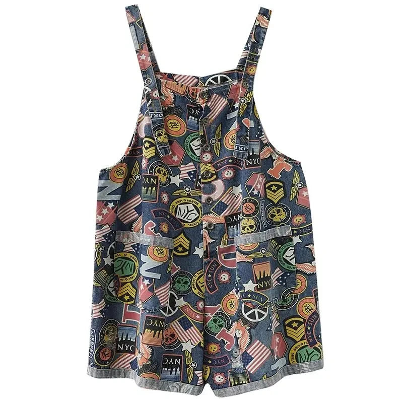 Jumpsuit Playsuits Women Jeans Printed Rompers New Summer Retro Large Size Loose Denim Strap Overalls Fashion Wide-leg Pants