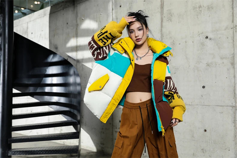 Streetwear Letter Stitching Fashion Down Jacket Women's New Hooded Parka Loose Winter Down Coat Female Thick Casual Warm Clothes