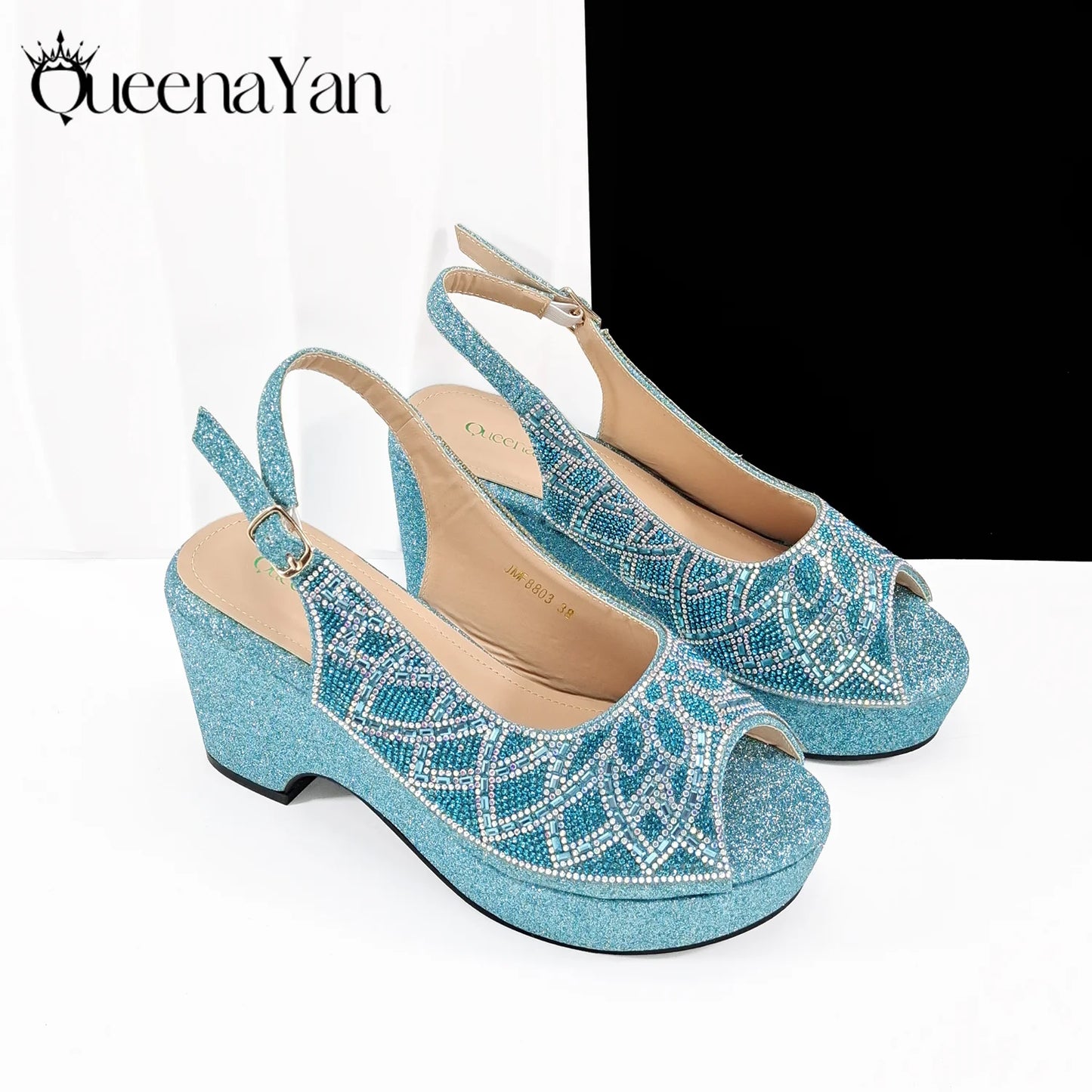 Queena Yan Sky Blue Elegant Nigerian Rhinestone Wedding Shoe and Bag Set Italian Inspired High Heels and Matching Handbag
