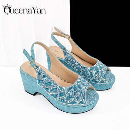 Queena Yan Sky Blue Elegant Nigerian Rhinestone Wedding Shoe and Bag Set Italian Inspired High Heels and Matching Handbag