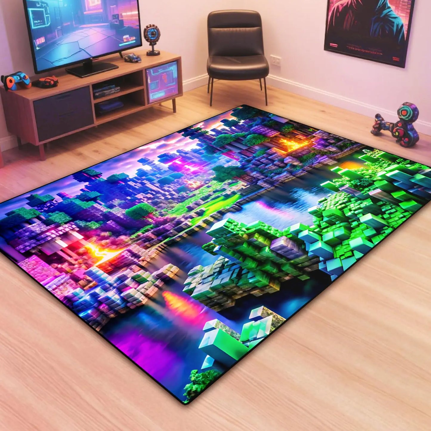 Neon Voxel World Print Area Rug, Colorful Blocky Pixel Scene Floor Mat for Gaming Room, Bedroom, Non-Slip Washable Carpet