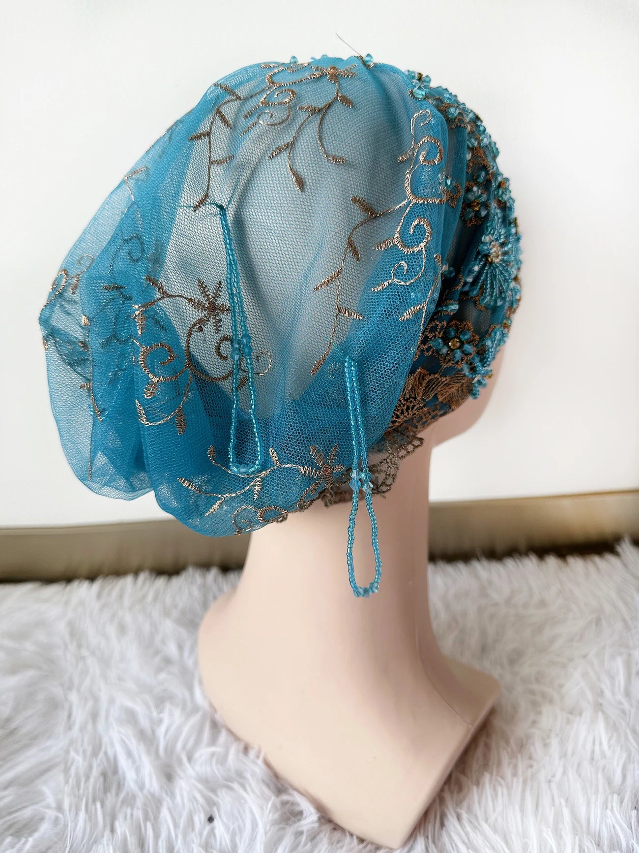 High Quality Lace handcrafted Beaded Turban Hat Female Head Wraps Caps Muslim Women Headscarf Bonnet Ready to Wear Inner Hijabs