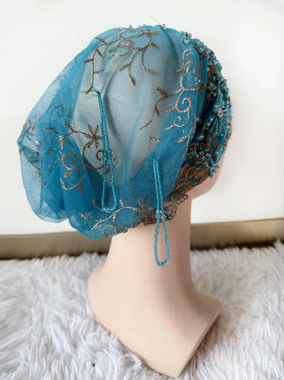 High Quality Lace handcrafted Beaded Turban Hat Female Head Wraps Caps Muslim Women Headscarf Bonnet Ready to Wear Inner Hijabs