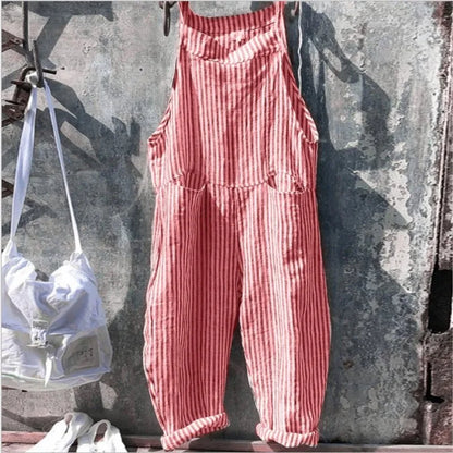 Women's Stripe Jumpsuits Cargo Pants Wide Leg Pants Trousers Multicolor Ethnic Bib Sleeveless Casual Loose Jumpsuit With Pockets