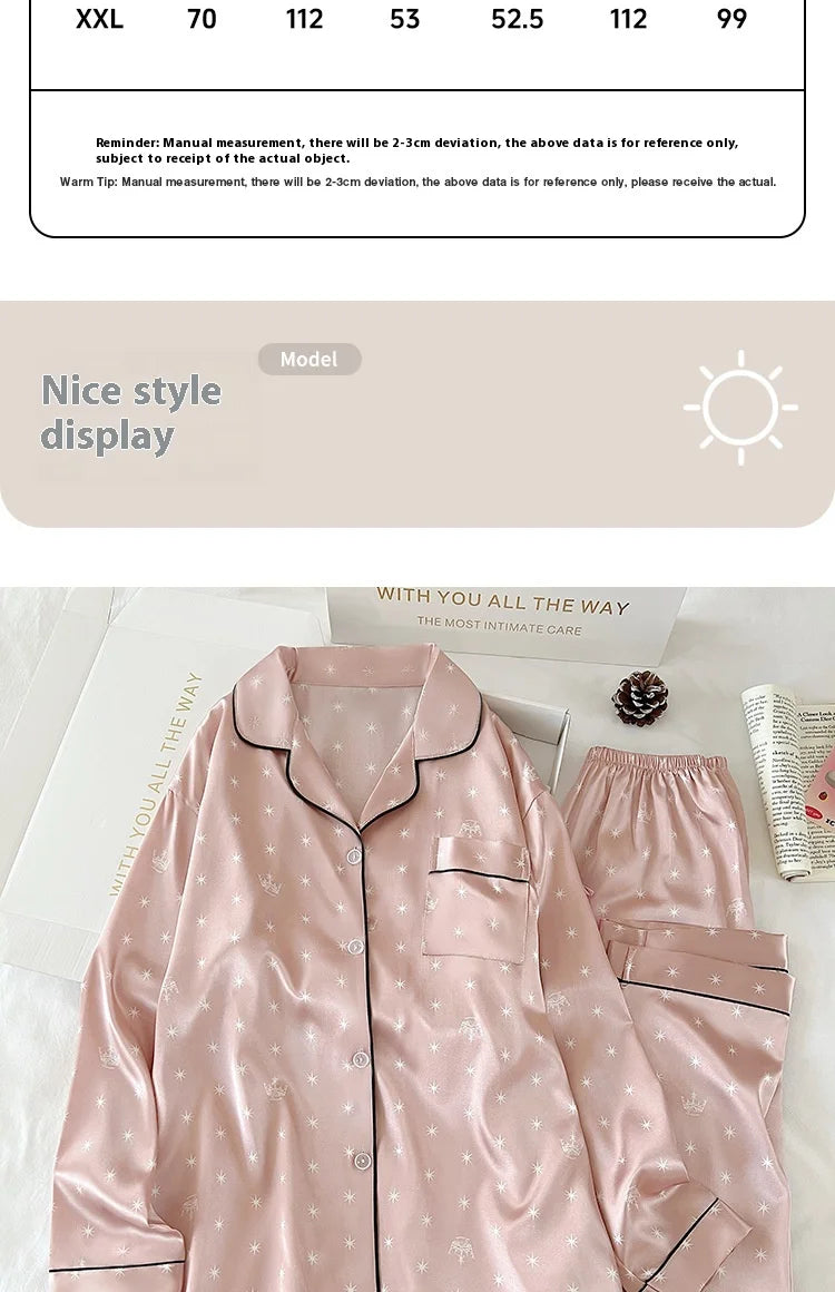 Japanese-Style Cute Girl Star Print Ice Silk Nightwear Women's Spring and Autumn Long-Sleeved Long Pants Homewear Actual Photo