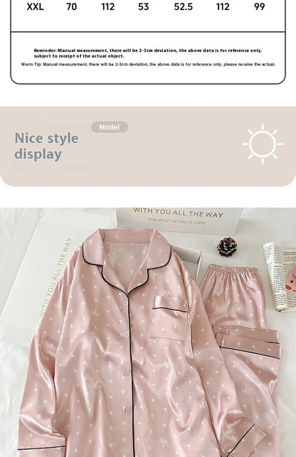 Japanese-Style Cute Girl Star Print Ice Silk Nightwear Women's Spring and Autumn Long-Sleeved Long Pants Homewear Actual Photo