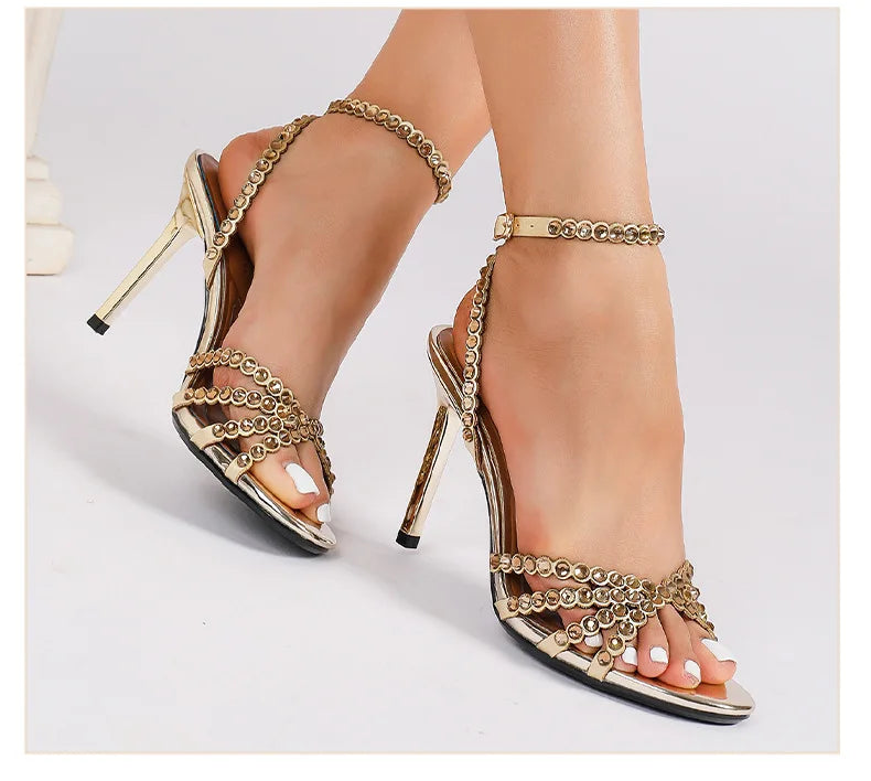 Luxury Crystal Cross Tied High Heel Sandals Women Sexy Open-toe Ankle Strap Buckle Stiletto Sandals Elegant Banquet Dress Shoes
