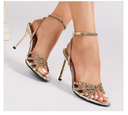 Luxury Crystal Cross Tied High Heel Sandals Women Sexy Open-toe Ankle Strap Buckle Stiletto Sandals Elegant Banquet Dress Shoes
