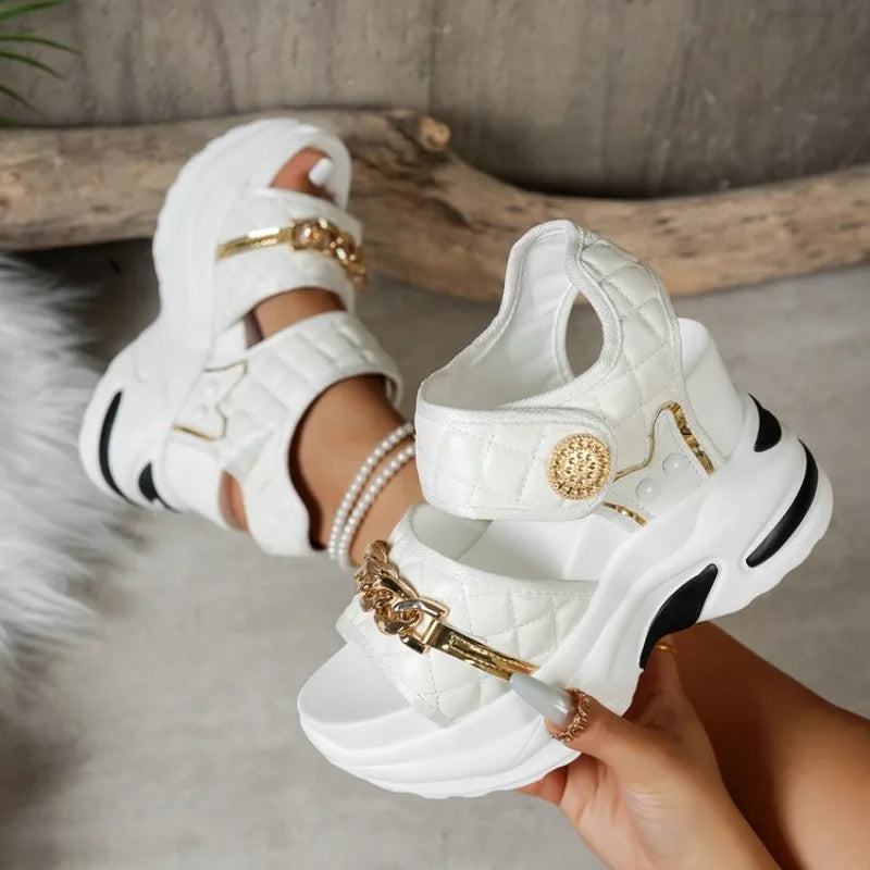 Summer New Women Wedge Sandals 2026 Fashion Metal Decor Solid Thick Bottom Female Shoes Trendy Casual Comfort High Heel Sandals