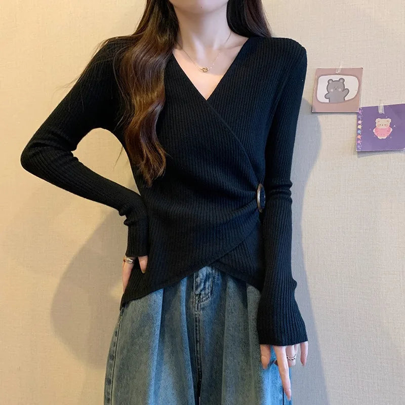 Women Wrap V Neck Ribbed Knit Top Metal Ring Buckle Flare Long Sleeve Slim Sweater