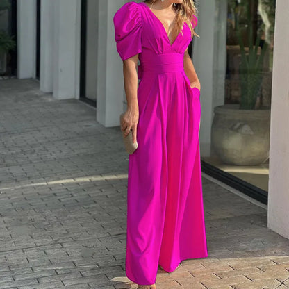 Summer Women's Slim Short Puff Sleeve V-neck Wide Leg Long Jumpsuit Elegant High Waist Ruched  Pocketed Solid color jumpsuits